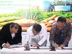 CEO Pertamina New & Renewable Energy, John Anis, bersama PTPN III, Ryanto Wisnuardhy  dan  MedCo, Aradea Z Arifin melakukan penandatanganan kerja sama Pengembangan Bioetanol di Palm Oil, Gedung Agro Plaza, Jakarta pada Senin (27/04/2026).